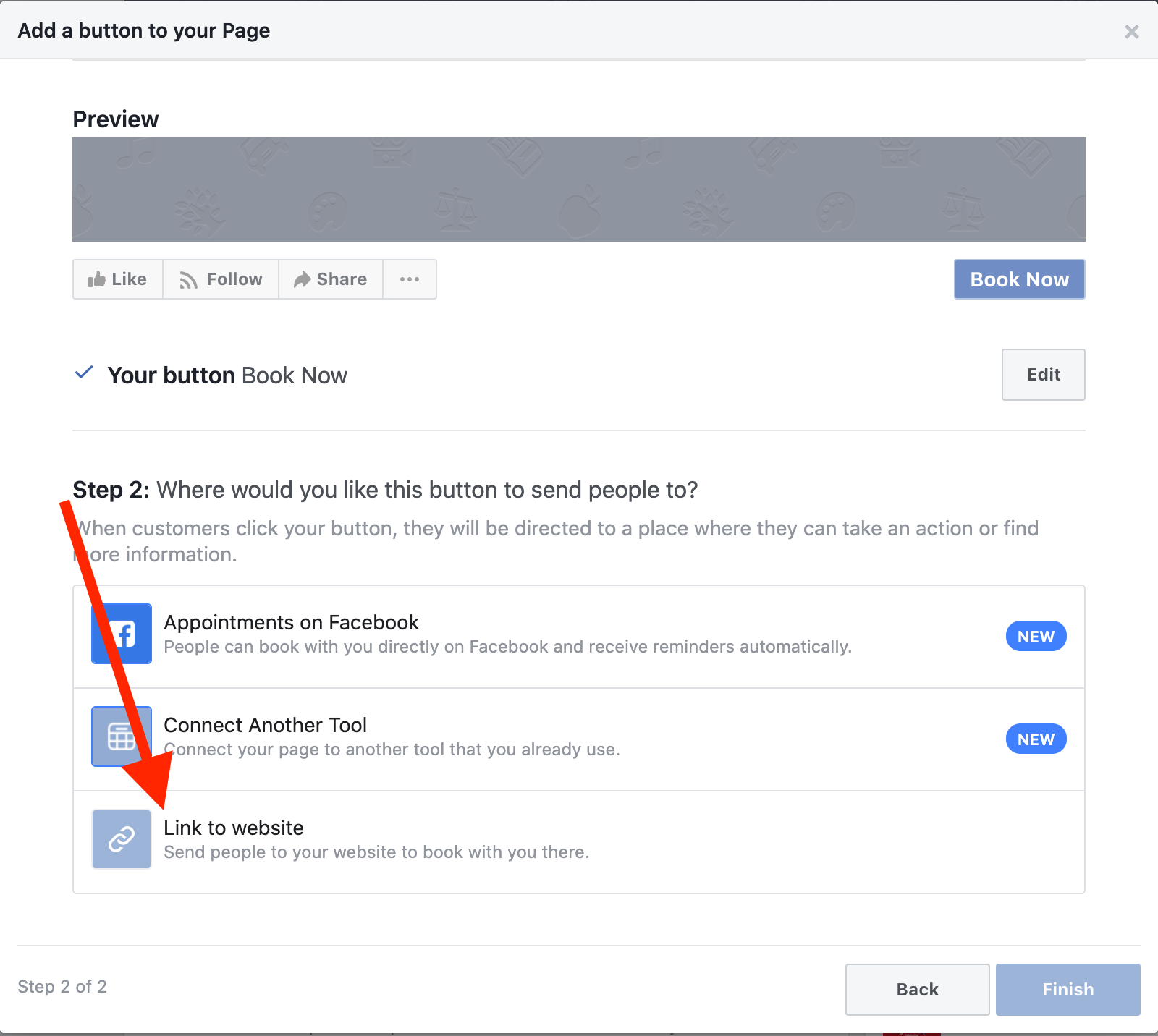 Link the Facebook button to the appointment platform